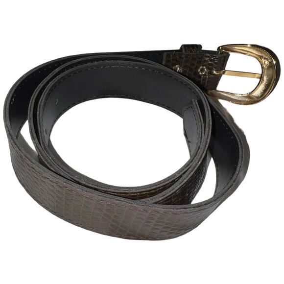 Vintage Brown Reptile Embossed Leather Belt Gold Buckle Size 14 Adjustable Waist - Picture 9 of 11